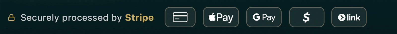 Securely processed by Stripe — Credit Card, Apple Pay, Google Pay, Cash App, Link